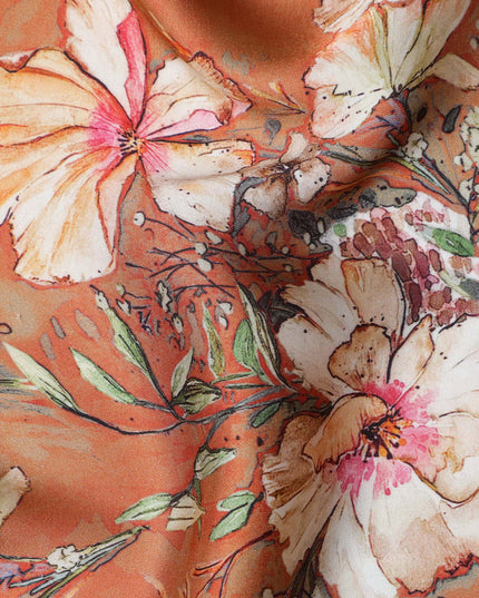 Rusty Orange Synthetic Modal Satin Fabric with White Floral Print, 110 cm Width-D20957