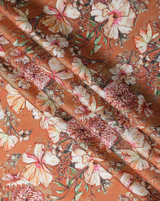 Rusty Orange Synthetic Modal Satin Fabric with White Floral Print, 110 cm Width-D20957