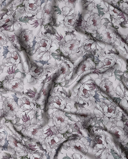 Grey Synthetic Modal Satin Fabric with Delicate Floral Print, 110 cm Width-D20958