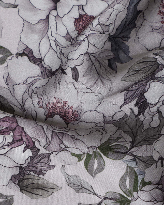 Grey Synthetic Modal Satin Fabric with Delicate Floral Print, 110 cm Width-D20958