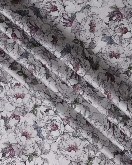 Grey Synthetic Modal Satin Fabric with Delicate Floral Print, 110 cm Width-D20958