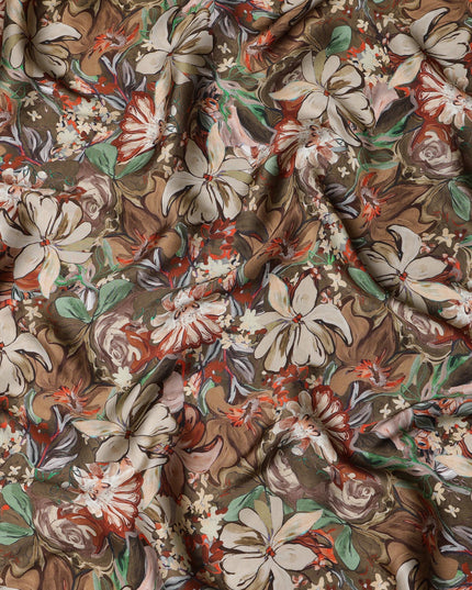 Brown Synthetic Modal Satin Fabric with Floral Print, 110 cm Width-D20959