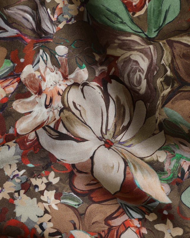 Brown Synthetic Modal Satin Fabric with Floral Print, 110 cm Width-D20959