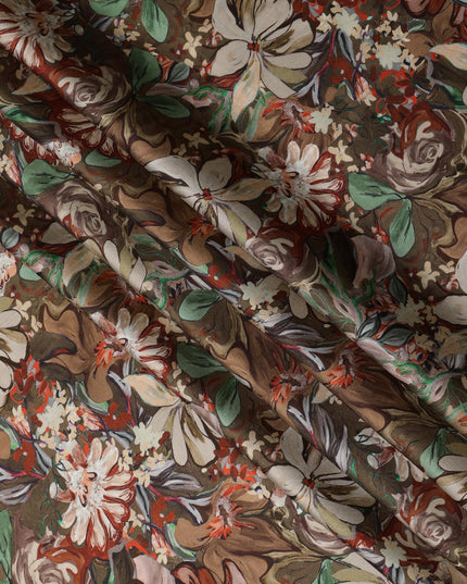 Brown Synthetic Modal Satin Fabric with Floral Print, 110 cm Width-D20959