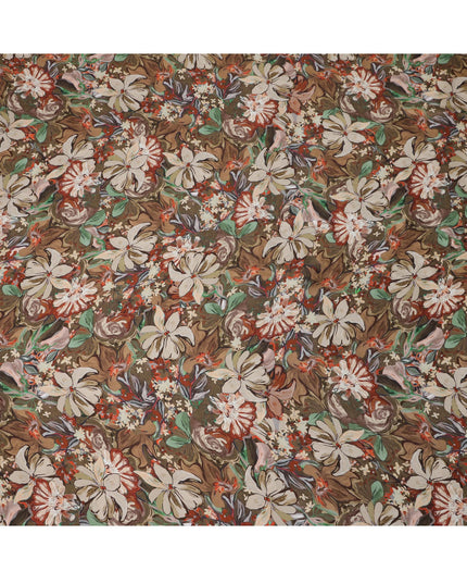 Brown Synthetic Modal Satin Fabric with Floral Print, 110 cm Width-D20959