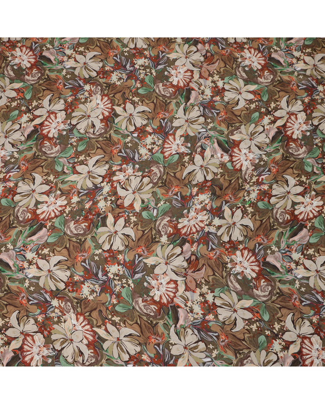 Brown Synthetic Modal Satin Fabric with Floral Print, 110 cm Width-D20959