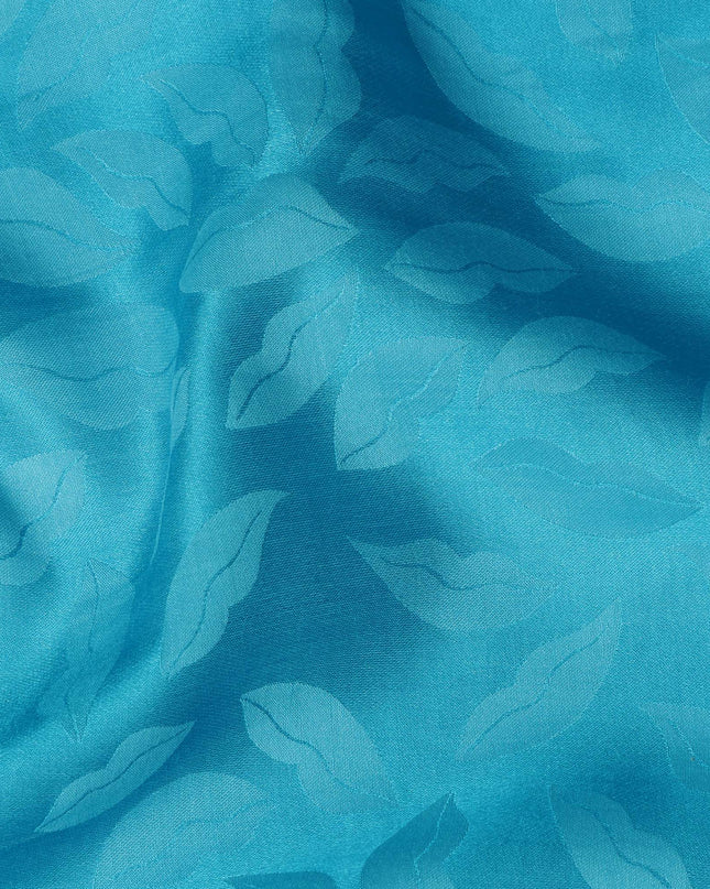 Turquoise Silk Satin Fabric with Leaf Pattern, 110 cm Width-D20961