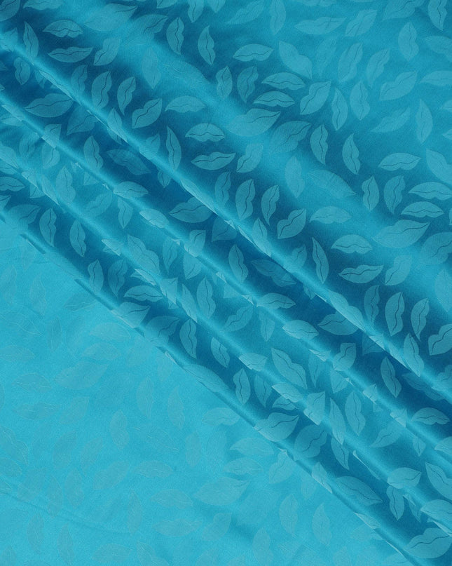 Turquoise Silk Satin Fabric with Leaf Pattern, 110 cm Width-D20961