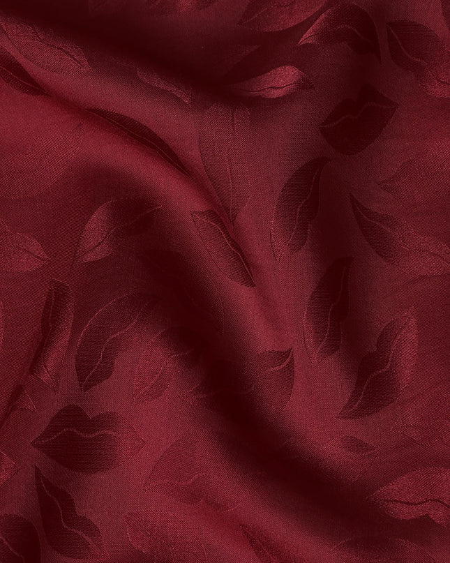 Maroon Silk Satin Fabric with Leaf Pattern, 110 cm Width-D20963