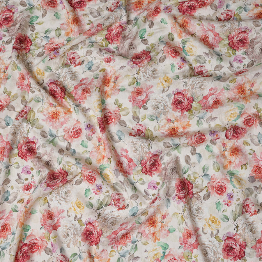 قماش كتان أبيض مزخرف بزهور، عرض 110 سم - D20968