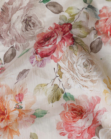 White Floral Linen Cotton Blend Fabric, 110 cm Width-D20968