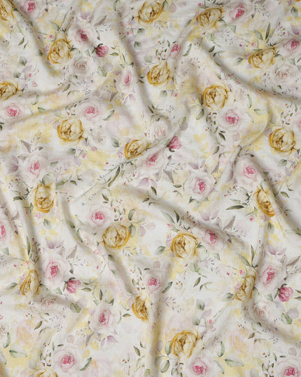 Cream Yellow Floral Linen Cotton Blend Fabric, 110 cm Width-D20970