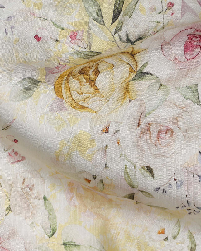 Cream Yellow Floral Linen Cotton Blend Fabric, 110 cm Width-D20970