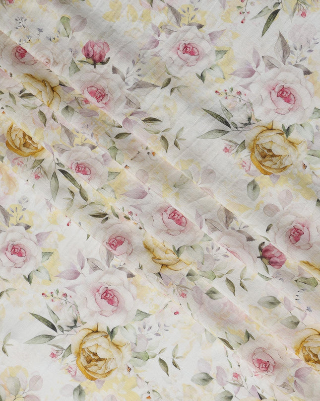 Cream Yellow Floral Linen Cotton Blend Fabric, 110 cm Width-D20970