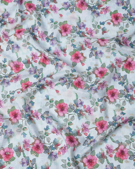 Soft Blue Floral Linen-Cotton Blend Fabric, 110 cm Wide, Made in India-D20971