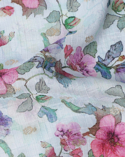 Soft Blue Floral Linen-Cotton Blend Fabric, 110 cm Wide, Made in India-D20971