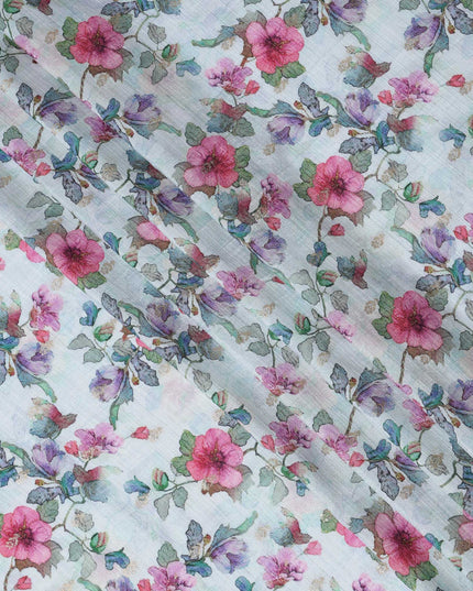 Soft Blue Floral Linen-Cotton Blend Fabric, 110 cm Wide, Made in India-D20971