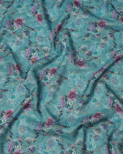 Aqua Blue Floral Linen-Cotton Blend Fabric, 110 cm Wide, Made in India-D20973