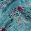 Aqua Blue Floral Linen-Cotton Blend Fabric, 110 cm Wide, Made in India-D20973