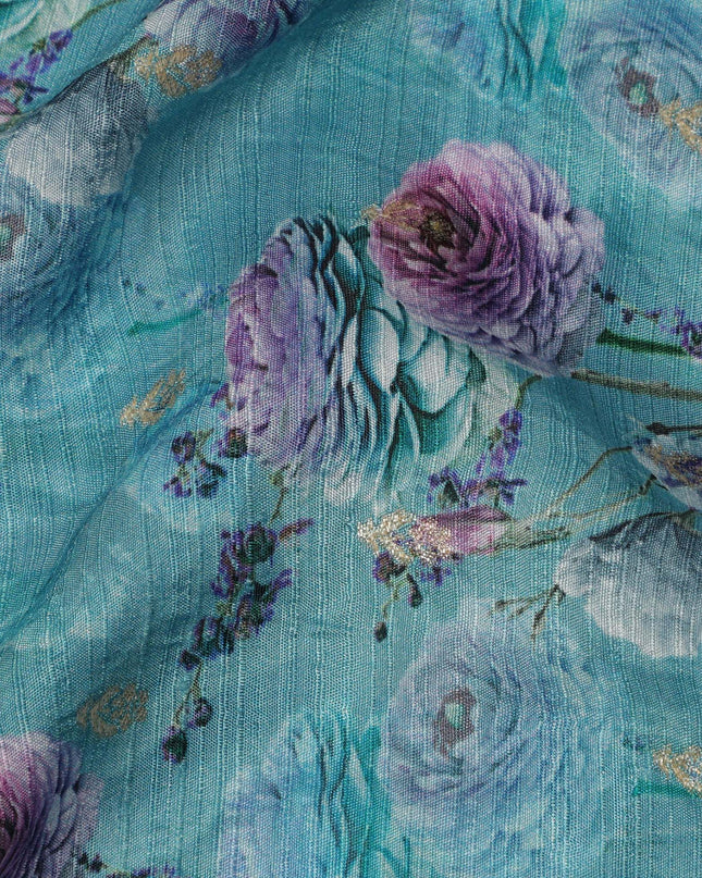 Aqua Blue Floral Linen-Cotton Blend Fabric, 110 cm Wide, Made in India-D20973