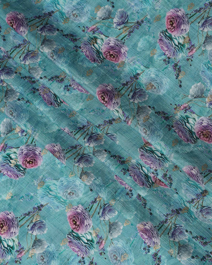 Aqua Blue Floral Linen-Cotton Blend Fabric, 110 cm Wide, Made in India-D20973