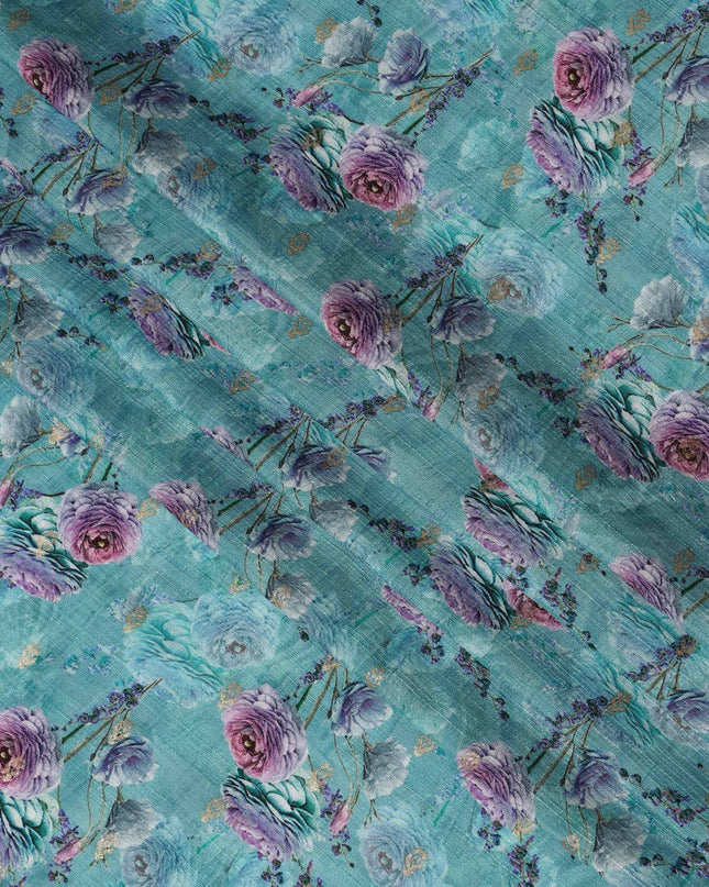 Aqua Blue Floral Linen-Cotton Blend Fabric, 110 cm Wide, Made in India-D20973