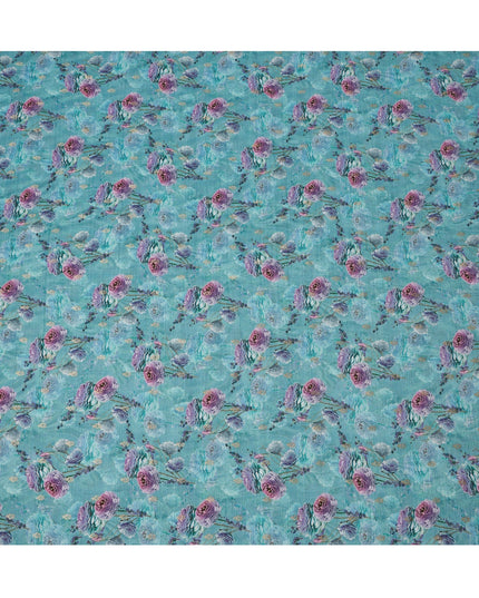 Aqua Blue Floral Linen-Cotton Blend Fabric, 110 cm Wide, Made in India-D20973