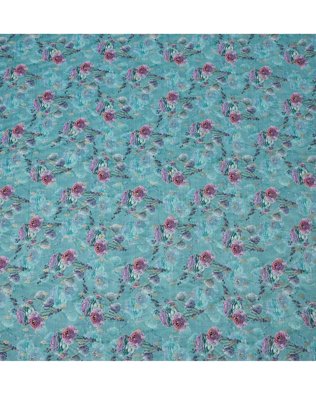 Aqua Blue Floral Linen-Cotton Blend Fabric, 110 cm Wide, Made in India-D20973