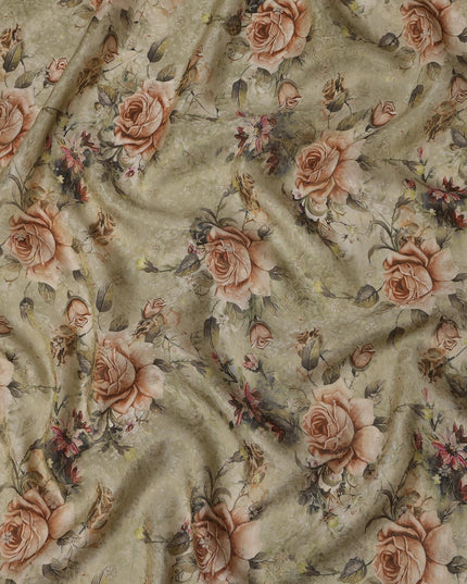 Sage Green Floral Viscose Crepe Digital Print Fabric, 110 cm Wide, Made in India-D20975