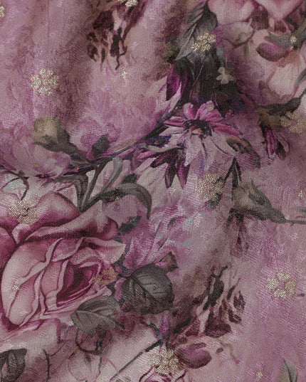 Mauve Rose Floral Viscose Crepe Digital Print Fabric, 110 cm Wide, Made in India-D20976