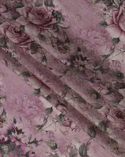 Mauve Rose Floral Viscose Crepe Digital Print Fabric, 110 cm Wide, Made in India-D20976