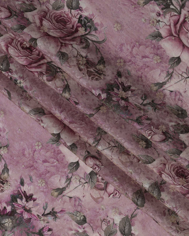 Mauve Rose Floral Viscose Crepe Digital Print Fabric, 110 cm Wide, Made in India-D20976