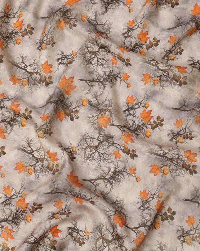 Beige Autumn Leaves Viscose Crepe Digital Print Fabric, 110 cm Wide, Made in India-D20977