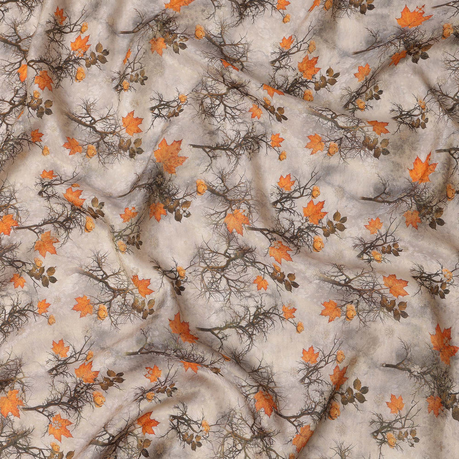 قماش كريب فيسكوز مطبوع رقميًا بأوراق الخريف باللون البيج، عرض 110 سم، صنع في الهند - D20977