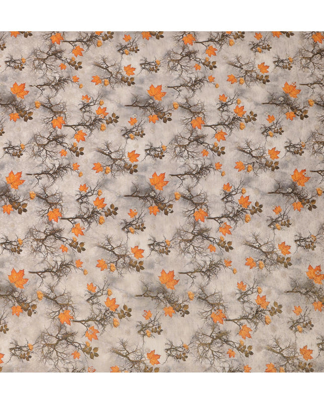 Beige Autumn Leaves Viscose Crepe Digital Print Fabric, 110 cm Wide, Made in India-D20977