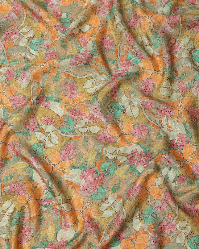 Mustard Yellow Tropical Floral Viscose Crepe Digital Print Fabric, 110 cm Wide, Made in India-D20978