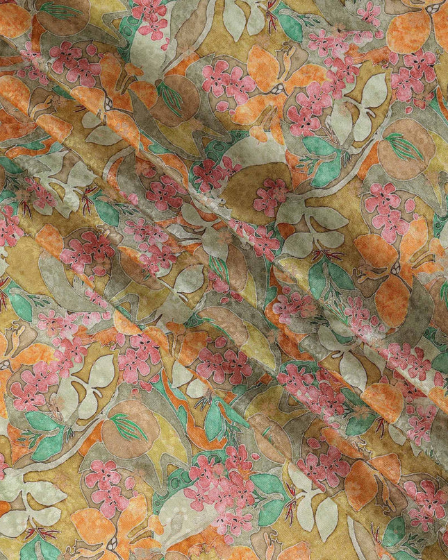 Mustard Yellow Tropical Floral Viscose Crepe Digital Print Fabric, 110 cm Wide, Made in India-D20978