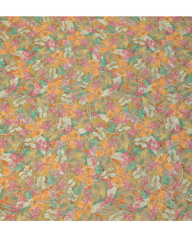 Mustard Yellow Tropical Floral Viscose Crepe Digital Print Fabric, 110 cm Wide, Made in India-D20978