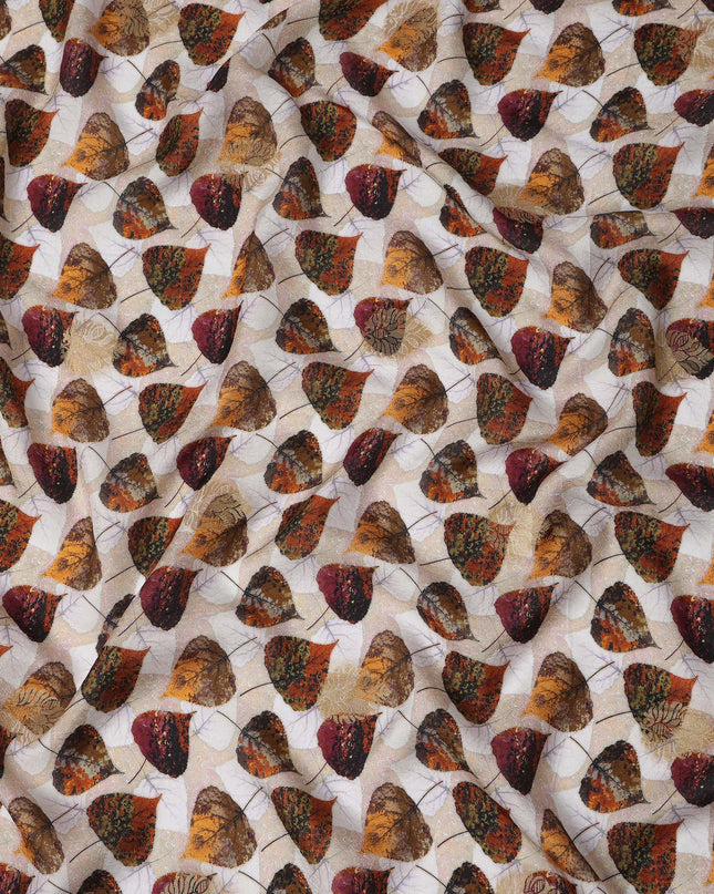 Cream Autumn Leaf Viscose Crepe Digital Print Fabric, 110 cm Wide, Made in India-D20979