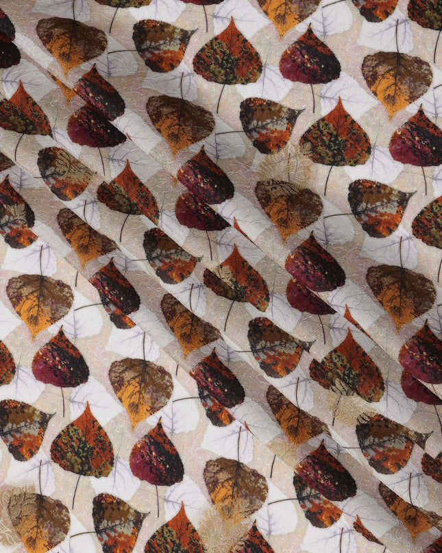 Cream Autumn Leaf Viscose Crepe Digital Print Fabric, 110 cm Wide, Made in India-D20979