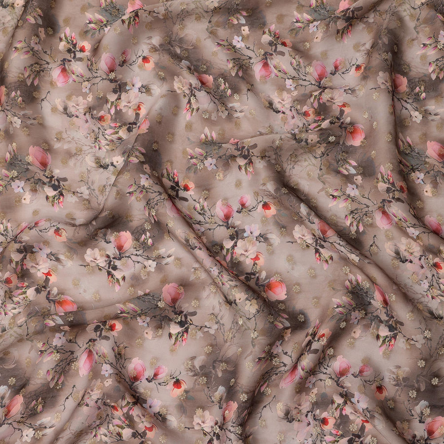 قماش ساتان أورجانزا صناعي مزخرف بزهور باللون البني الفاتح، عرض 110 سم، صنع في الهند - D20980