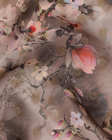 Taupe Floral Synthetic Organza Satin Fabric, 110 cm Wide, Made in India-D20980