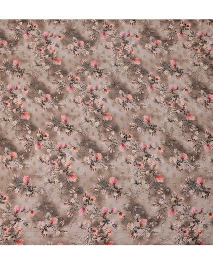 Taupe Floral Synthetic Organza Satin Fabric, 110 cm Wide, Made in India-D20980