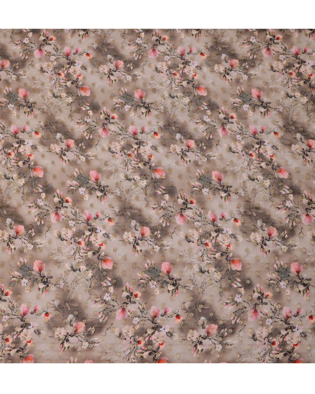 Taupe Floral Synthetic Organza Satin Fabric, 110 cm Wide, Made in India-D20980