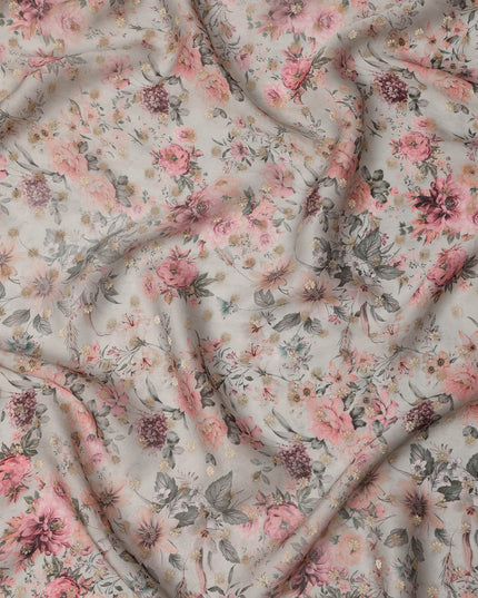 Pale Grey Pink Floral Synthetic Organza Satin Fabric, 110 cm Wide, Made in India-D20981