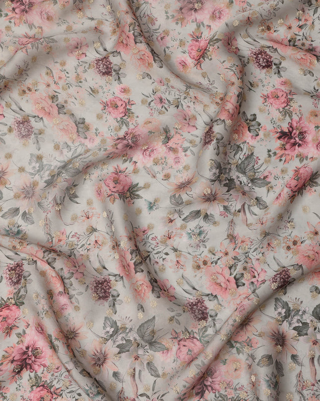 Pale Grey Pink Floral Synthetic Organza Satin Fabric, 110 cm Wide, Made in India-D20981