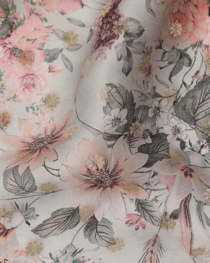 Pale Grey Pink Floral Synthetic Organza Satin Fabric, 110 cm Wide, Made in India-D20981