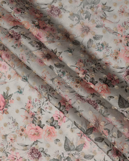 Pale Grey Pink Floral Synthetic Organza Satin Fabric, 110 cm Wide, Made in India-D20981