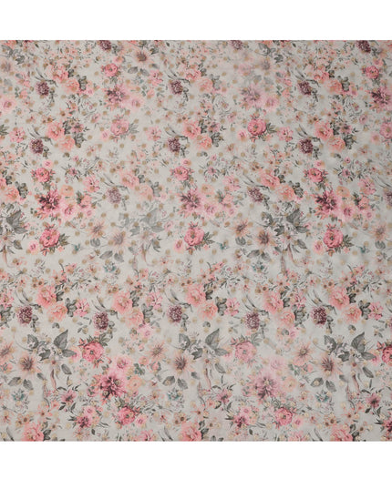 Pale Grey Pink Floral Synthetic Organza Satin Fabric, 110 cm Wide, Made in India-D20981