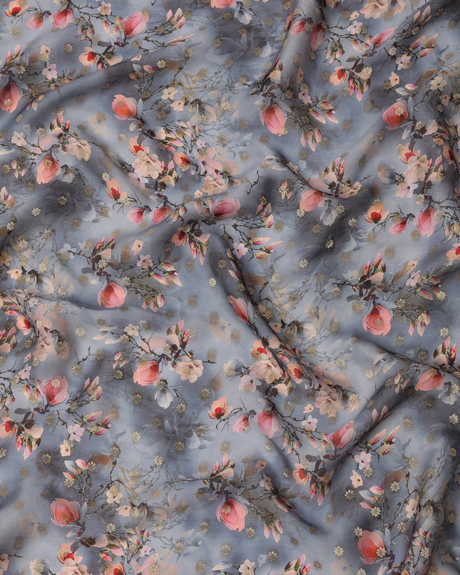 Steel Blue Floral Synthetic Organza Satin Fabric, 110 cm Wide, Made in India-D20982